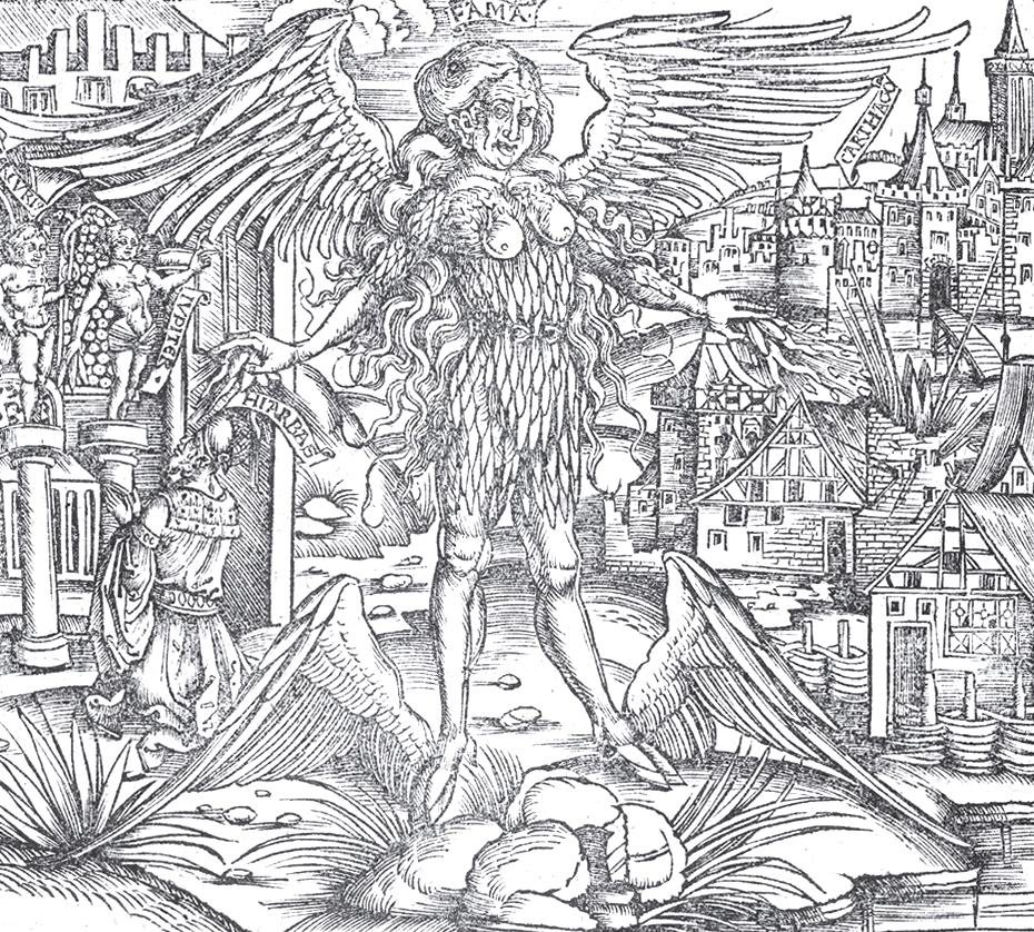 아이네이스 속 루머의 여신 파마(Fama), 목판화. 세바스찬 브랜트 (Strassburg, 1502)